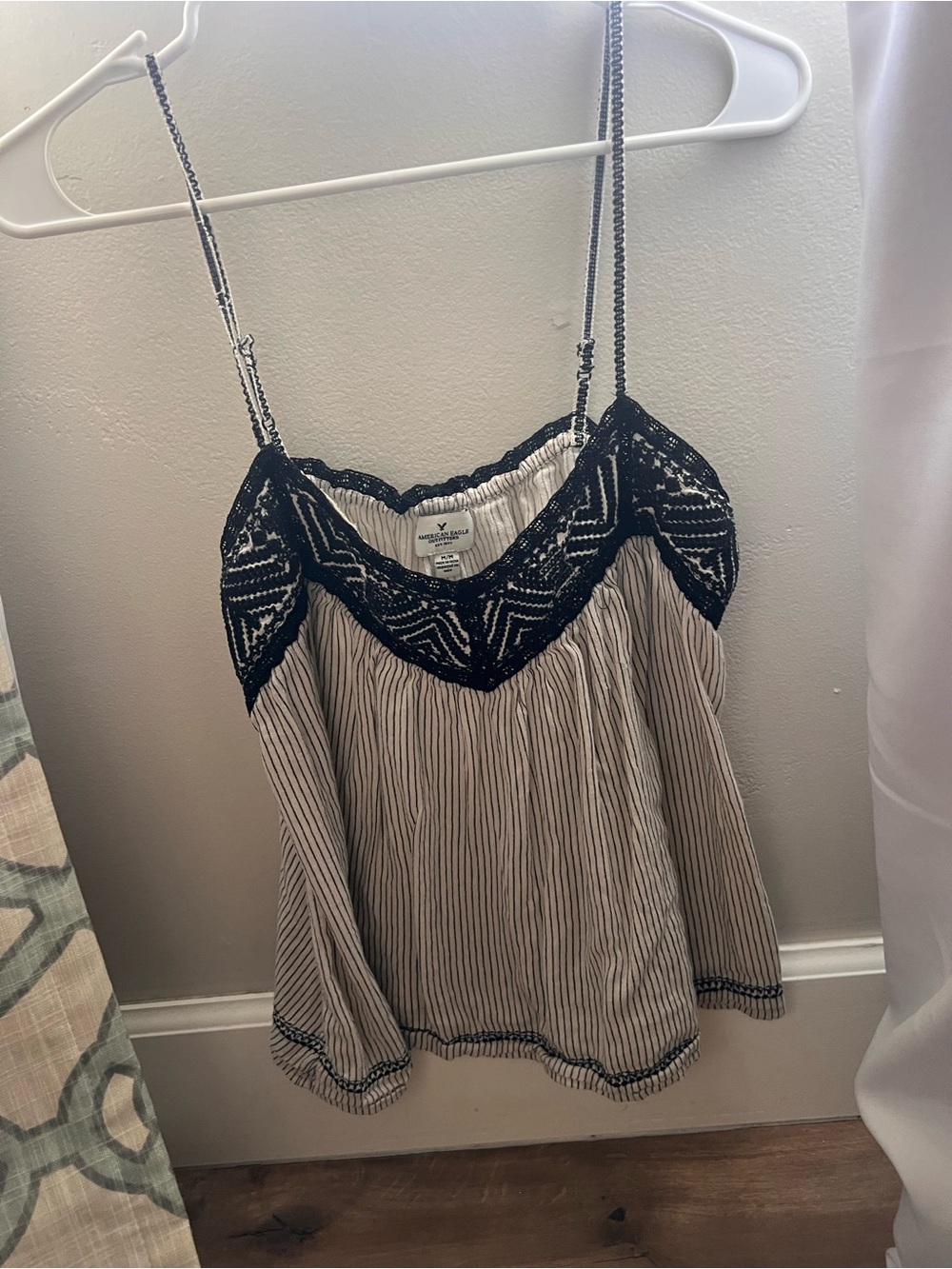 American Eagle Outfitters Black & Cream Striped Lace-Trim Cami